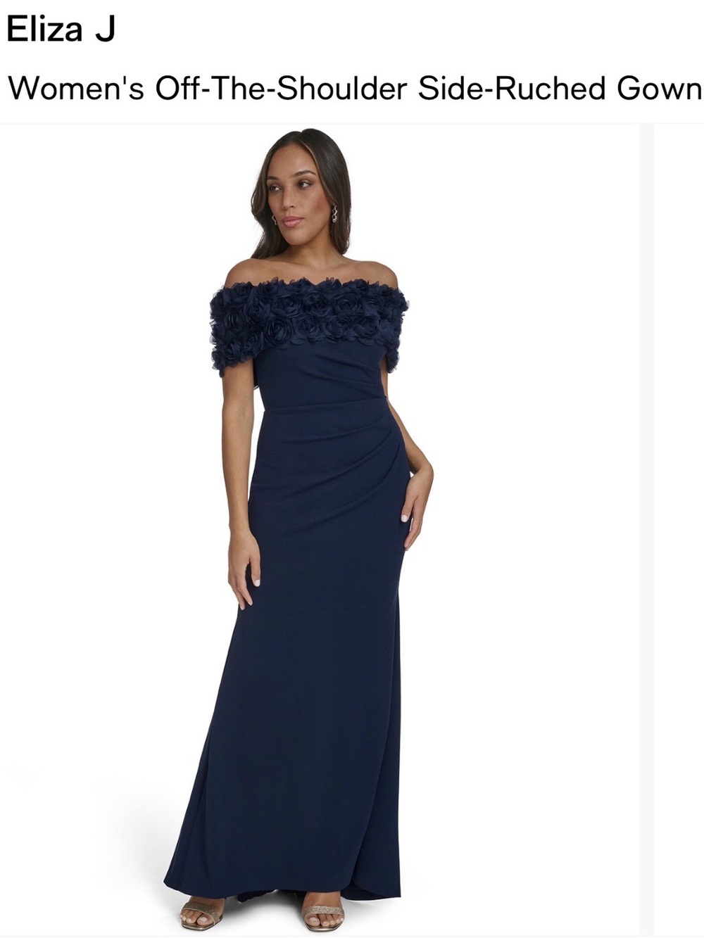 Eliza J Navy Strapless Off-the-Shoulder Floral Trim Gown
